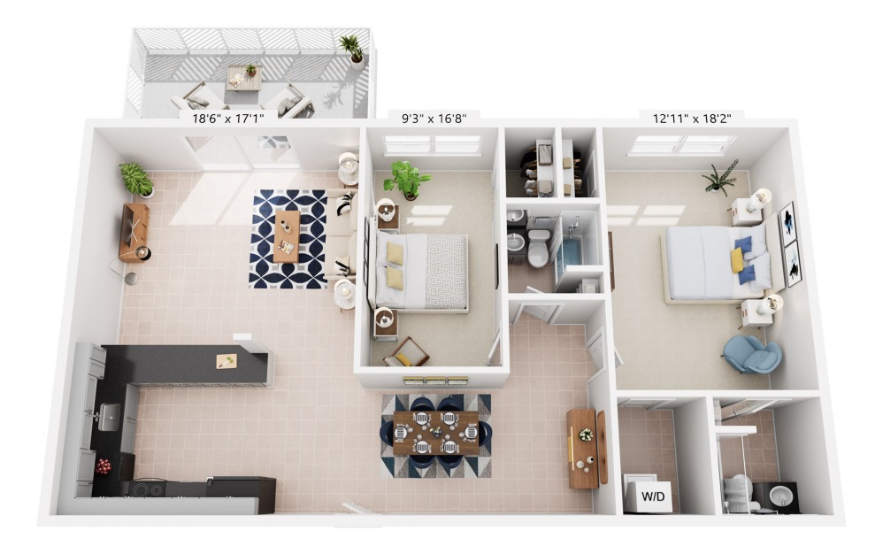 Rendering of 2 bedroom 2 bath apartment home layout